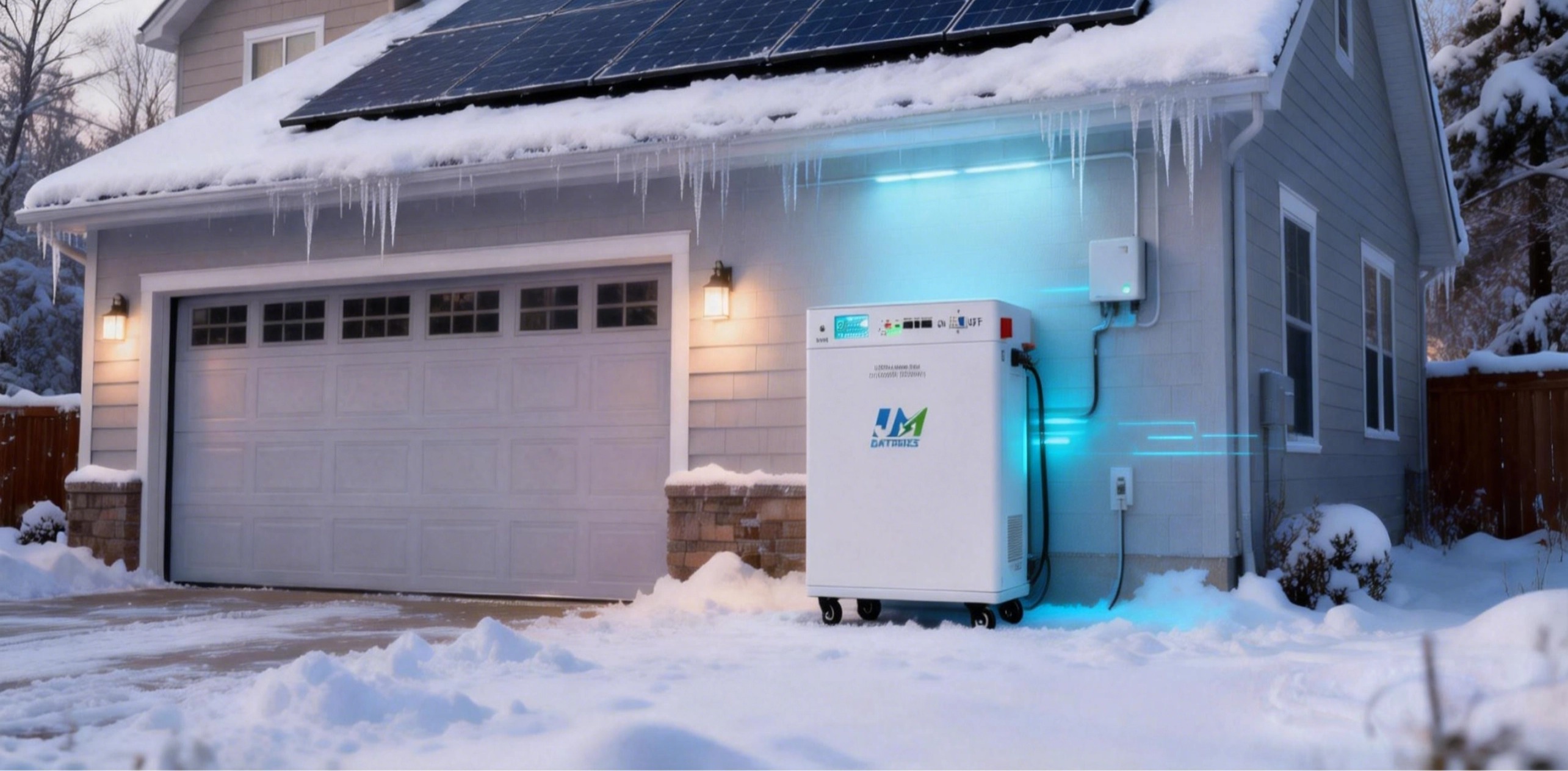 wall-mounted LiFePO4 solar battery installed on a residential home with solar panels in snowy winter conditions